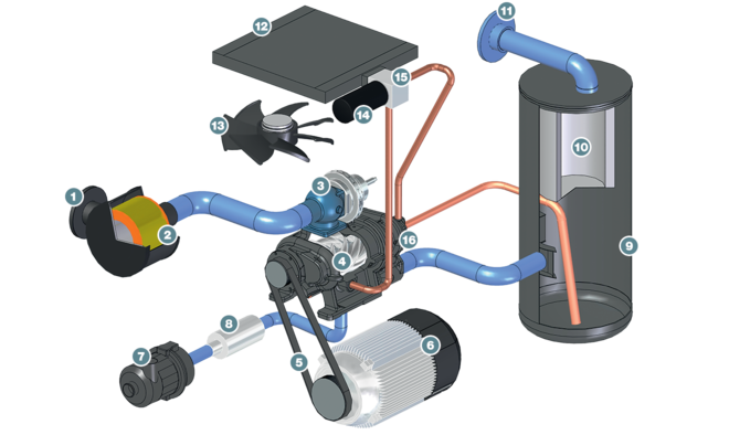 Component layout of a rotary screw vacuum pump